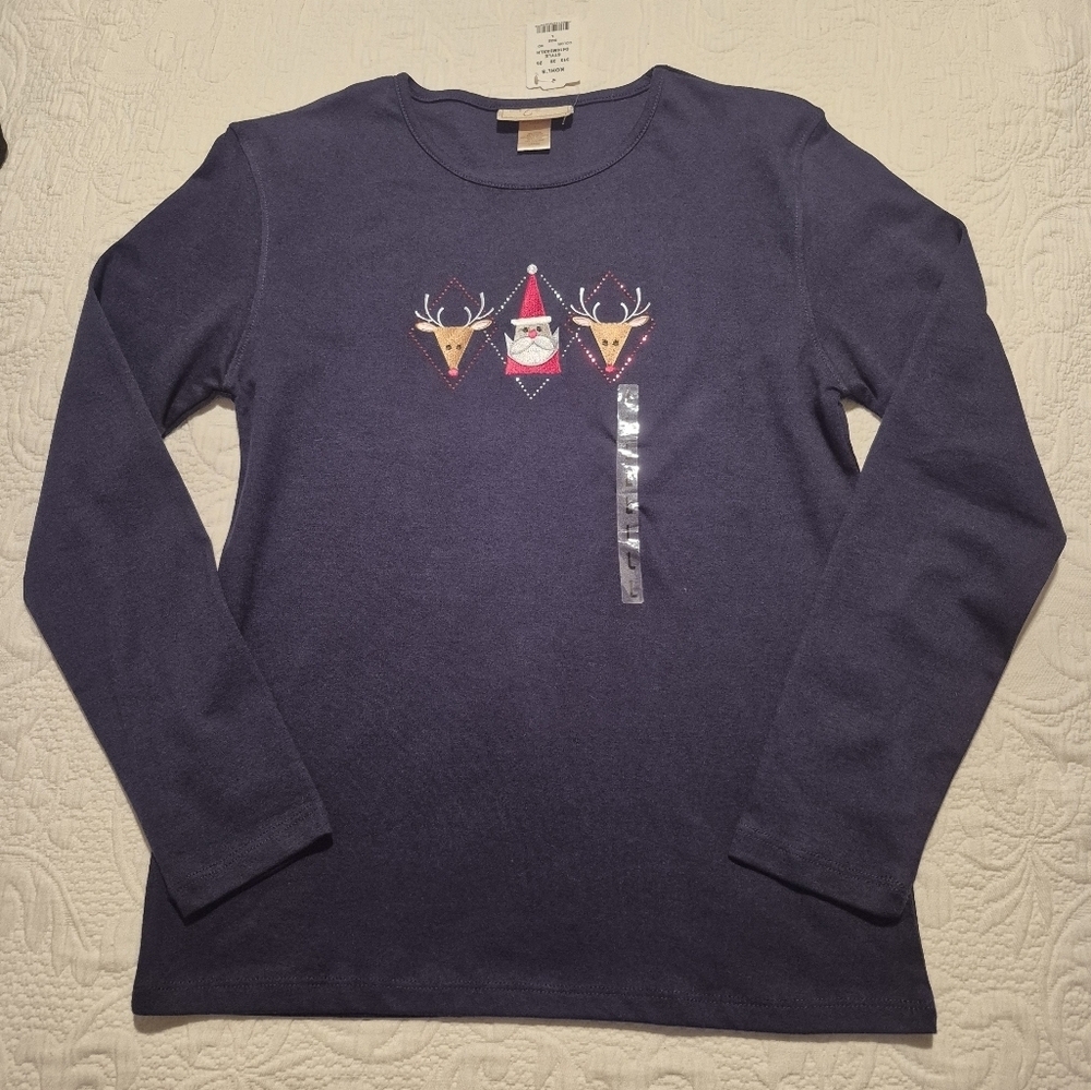 M & C Sportswear women's size Large navy long sleeve Christmas holiday shirt NEW